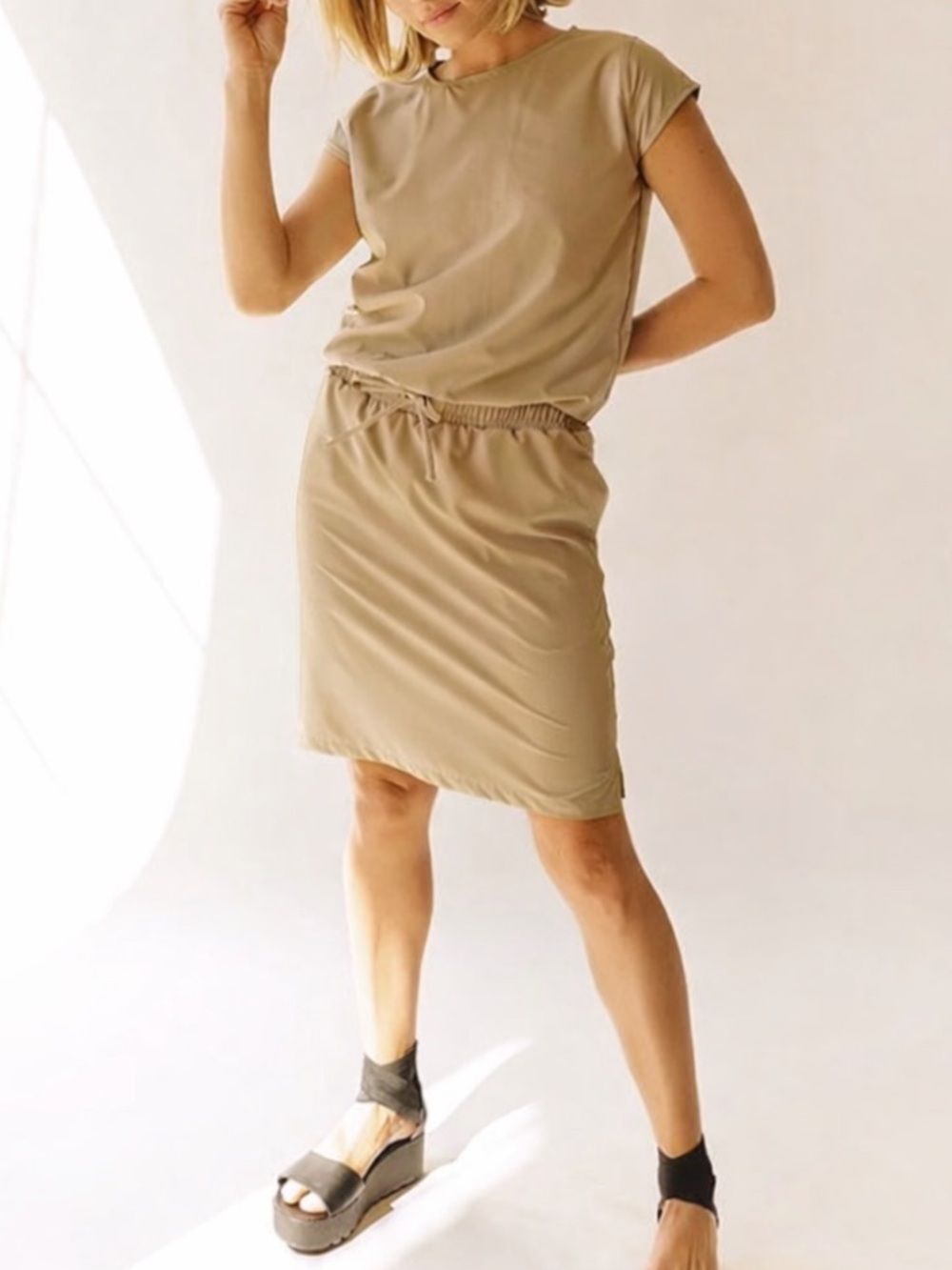 Albion Fit Going Places Cap Sleeve Athleisure Dress in Khaki Size Medium Travel